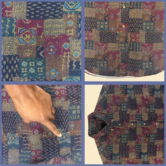 90s XL geometric mens shirt, Roundtree & Yorke, vintage blue/green abstract top - Picture 3 of 7